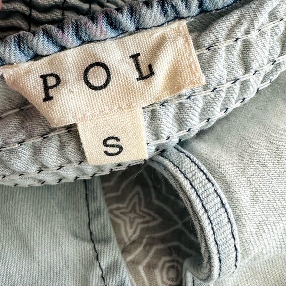 POL Denim Smocked Halter Crop Top Light Blue Wash Tie Neck Size S - Picture 4 of 7